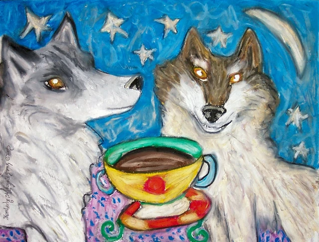 WOLF Drinking Coffee ACEO Mini Pop Art Print 2.5x3.5 Wildlife Collectible Wolves