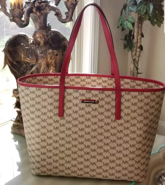 MICHAEL KORS Emry Large Tote Bag MK Signature Natural Cherry NEW NWT MSRP $328!!