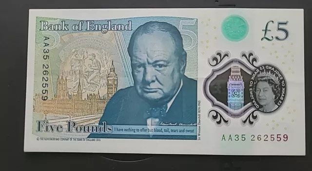 AA35 262559 - 2015 • Bank of England £5 Five Pounds Polymer/Plastic Note.