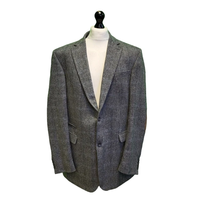 Giacca Blazer Vintage Lana Tom Rosburg Grigio Check Spina di Aringa anni 70 XL 46"