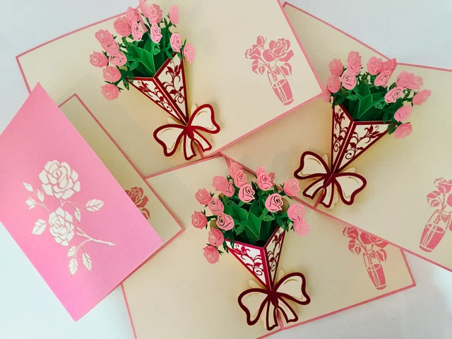 ORIGAMI POP CARDS Pink Rose Bouquet 3D Pop Up Greeting Card Birthday ...