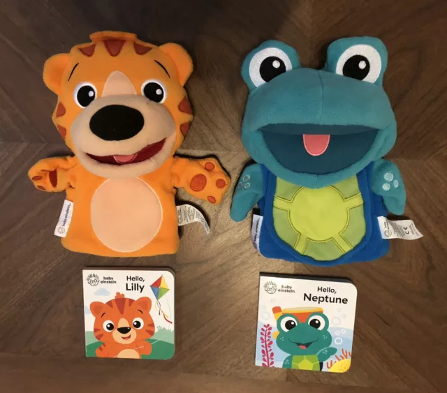 BABY EINSTEIN LILY Tiger & Neptune Turtle Puppets Plush with Books EUC ...