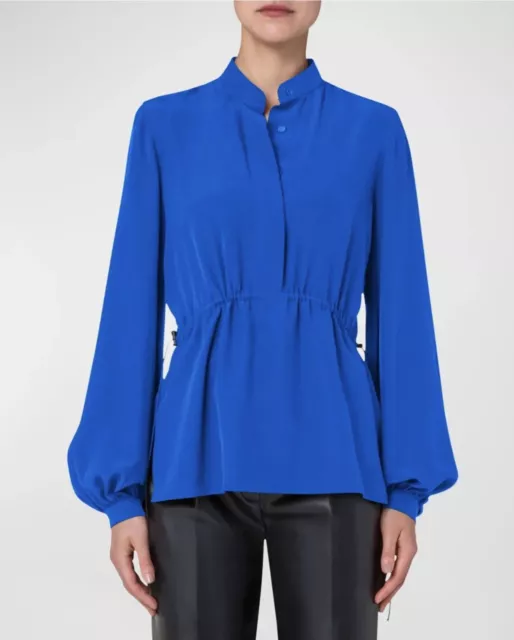 $795 AKRIS PUNTO Cinched-waist Collared Mulberry Silk Blouse 4 Electric Blue
