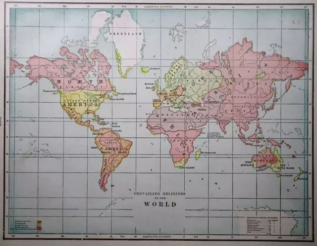 Old 1900 Cram's Atlas Map / Chart ~ PREVAILING RELIGIONS of the WORLD ~ Free S&H