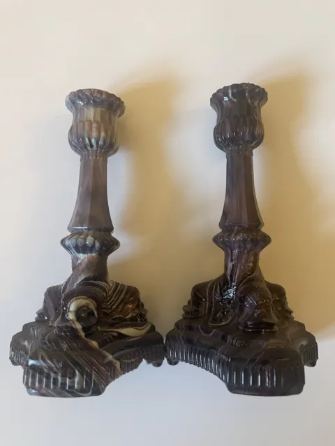 2 Antique victorian Heppell & Co Malachite Glass Candle Stick Holders
