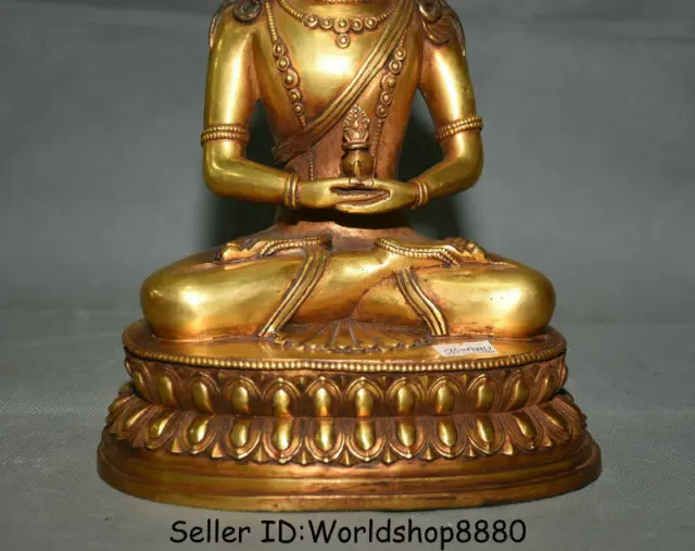 10.8"Old Tibet Purple Bronze 24K Gold Gilt Amitayus longevity God Goddess Statue 3