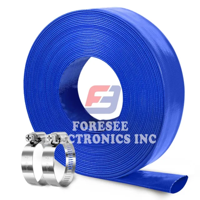Water Discharge Hose 1" in inch x 50 FT Backwash PVC Lay-Flat Drain Clamps Blue