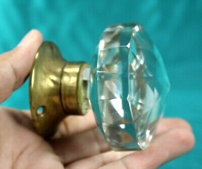 Glass Door Knob Vintage Victorian Style Diamond Clear Cut Glass Brass Big Knob