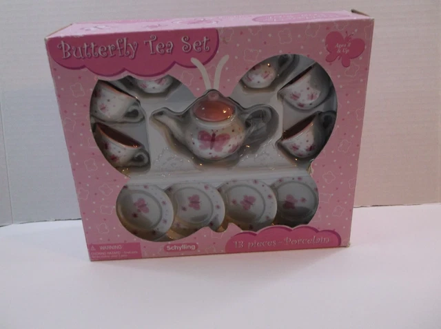 New Porcelain Butterfly 13 Piece Tea Set Ages 8+ Childs Play Set