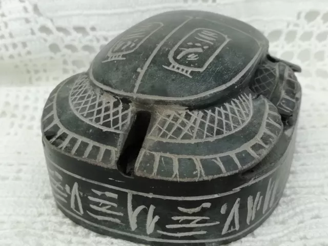 Vintage Egyptian Hand Carved Black Stone Scarab Beetle Paperweight Hieroglyphics