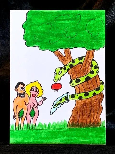 Original ACEO Funny Adam And Eve Ink Art Medium Marker on Paper Signed by Artist