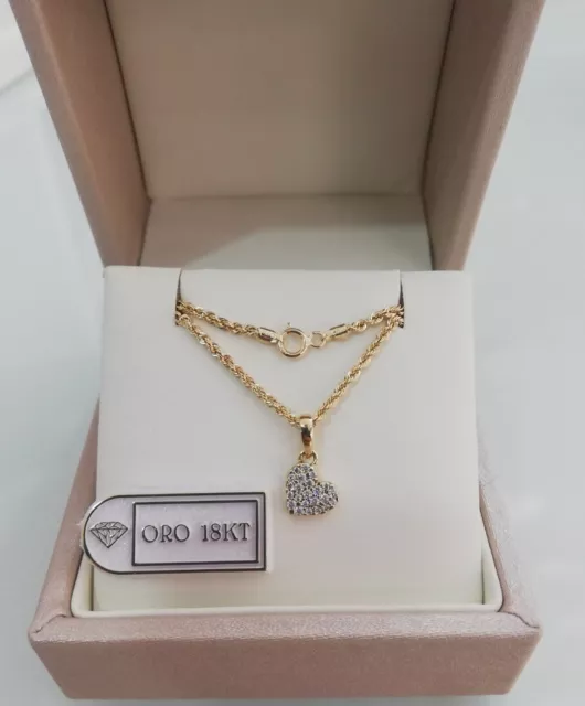 Collana funetta e ciondolo pendente  cuore con zirconi in oro giallo 750 18 kt