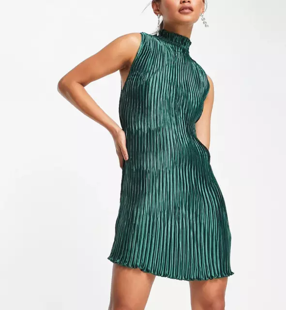 ASOS DESIGN Green Sleeveless Mini Satin Pleated Dress Size 12 * NWT