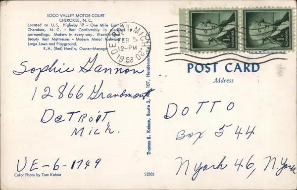 1958 Cherokee,NC Soco Valley Motor Court Swain County North Carolina Postcard 2