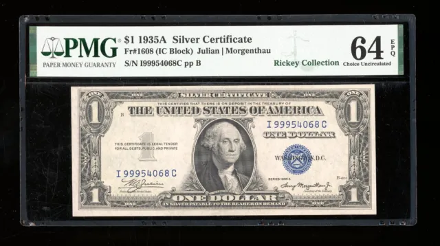 DBR 1935-A $1 Silver Fr. 1608 IC Block PMG 64 EPQ Serial I99954068C