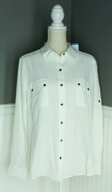 Jones New York Sport White Long Roll Tab Sleeve Button Down Shirt Size XL NWT
