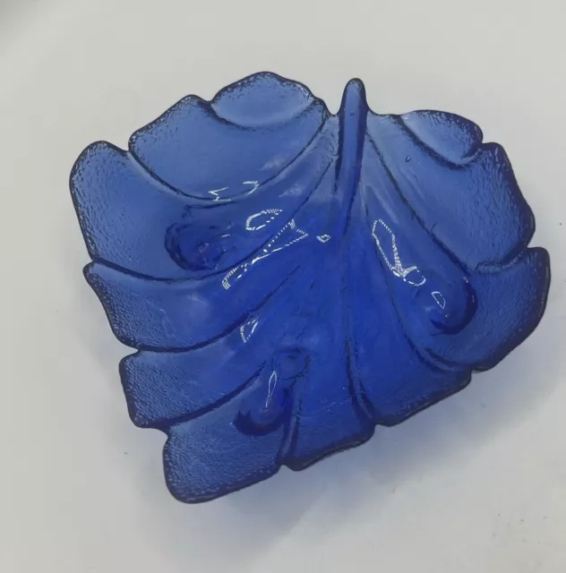 Vintage Blue Art Glass Footed Leaf Bowl Dish Federal Cobalt Candy Grannycore