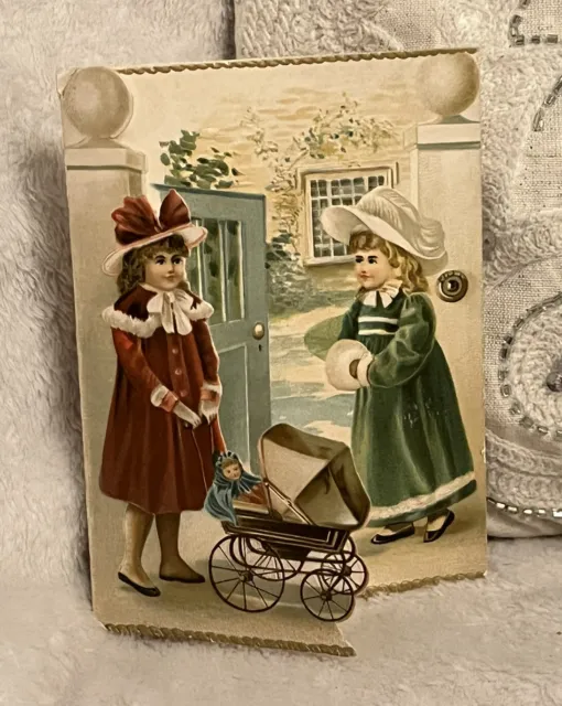 Rare Victorian Antique Raphael Tuck Die Cut Christmas Card Girls W Bisque Dolls