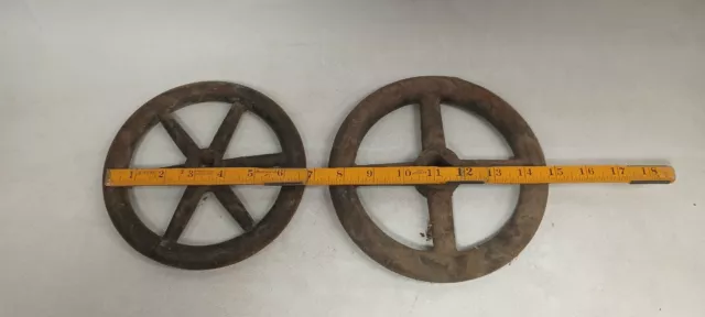 Antique Lot Of 2 cast iron factory farm cart wagon dolly spoke wheel Os30