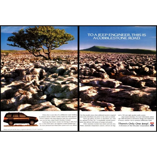 1995 Jeep Grand Cherokee 4x4 SUV 2 Page Vintage Print Ad Cobblestone Road Art