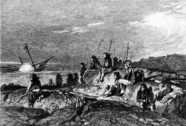 BRETAGNE ANCIENNE: PILLEURS de MER attendant la fin d'un NAUFRAGE - Gravure 19e