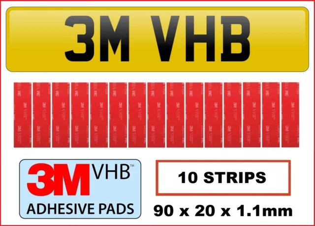 3M NUMBER PLATE DOUBLE SIDED STICKY PADS TAPE STRONG VERY HIGH BOND STRIPS x 10