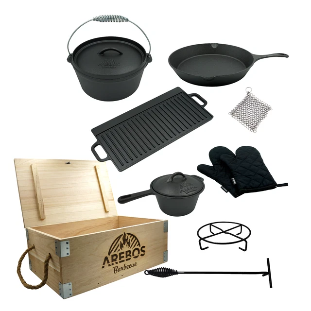 AREBOS Dutch Over BBQ Set aus Gusseisen mit Holzkiste inklusive Schutzhandschuhe