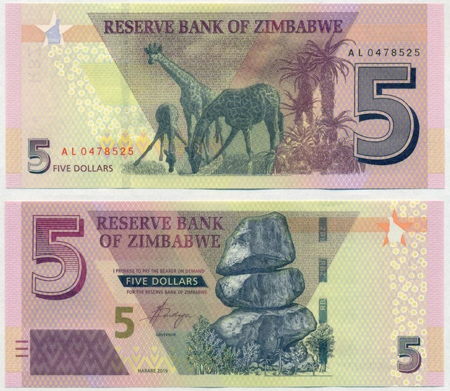 Zimbabwe Note 5 Dollars 2019 Pick New Unc
