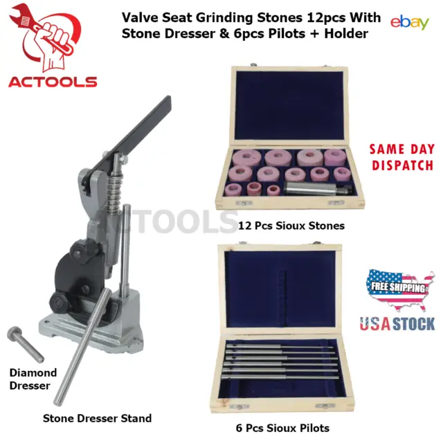 Valve Seat Grinding Stones 12 Pcs With Stone Dresser & 6 pcs Pilots + Holder USA