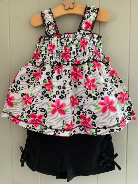 Girls Floral 2 Piece Smocked Top & Shorts Set 100% Cotton Baby Age 2 - 4 Years