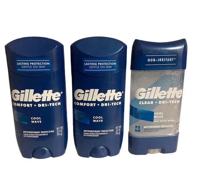 3 Gillette COOL WAVE Comfort + Dri-Tech Solid/gel Antiperspirant Deodorant 3.4oz