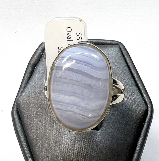 Sterling Silver Banded Agate Blue Lace Large Oval Ring, SZ. 7