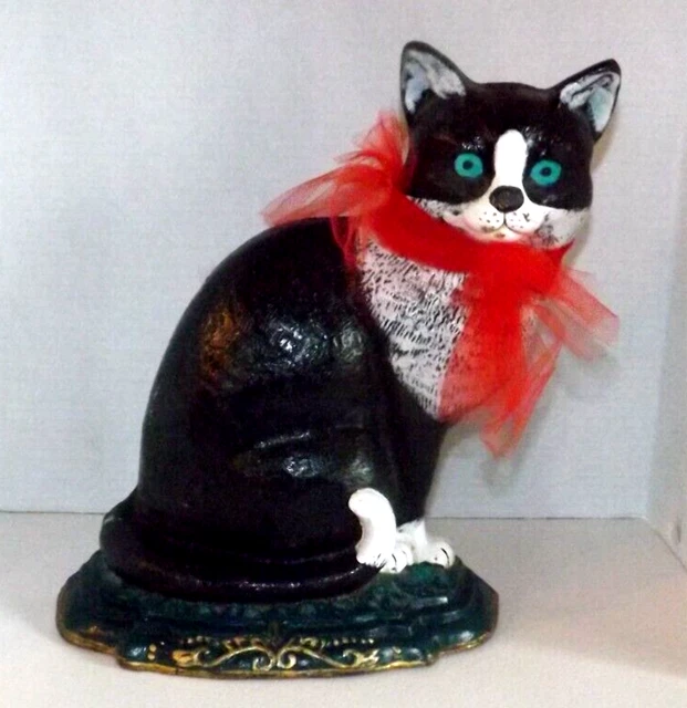 Vintage Cast Iron Cat Doorstop Large Hand Painted Heavy 12" Tall Black White