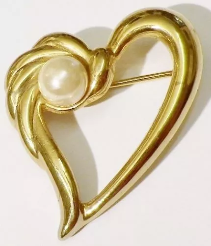 broche bijou rétro cœur perle nacré en relief couleur or poli * 4748