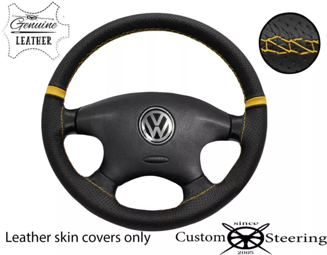 YELLOW  ST PERFORATED LEATHER STEERING WHEEL COVER 2x STRIPES FOR VW T4 90-03