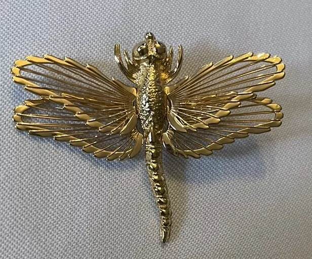 Vintage Signed MONET Dragonfly Gold Tone Brooch Pin - Wire, Retro, Fashion
