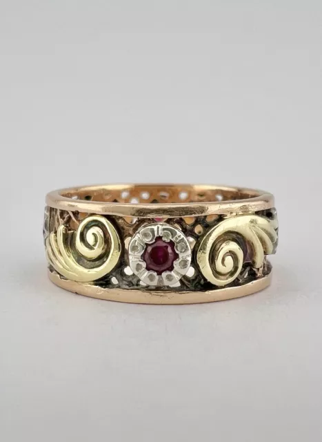 Antique Art Nouveau 14K Tri Color Gold Ruby Floral Filigree Eternity Band Ring