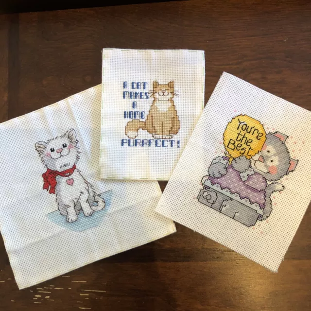 Three Completed Cross Stitch Cat Kitten Unframed