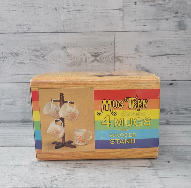 VINTAGE 70S KMART (4) Mug Tree Set W/Wooden Stand Wild Flowers Japan