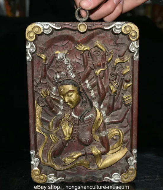 9" Old China Wood Painted 1000 Arms Avalokiteshvara of Goddess Hang Wall Tangka