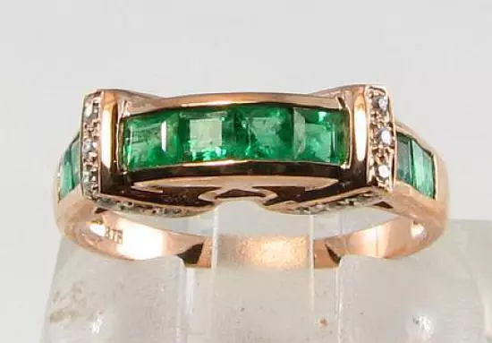 Wide 9K 9Ct Rose Gold Emerald Diamond Eternity Band Art Deco Ins Ring Free Size