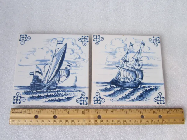 Pair Of Antique Dutch Delft Blue & White Hand Painted Sailing Ship Ceramic Tiles