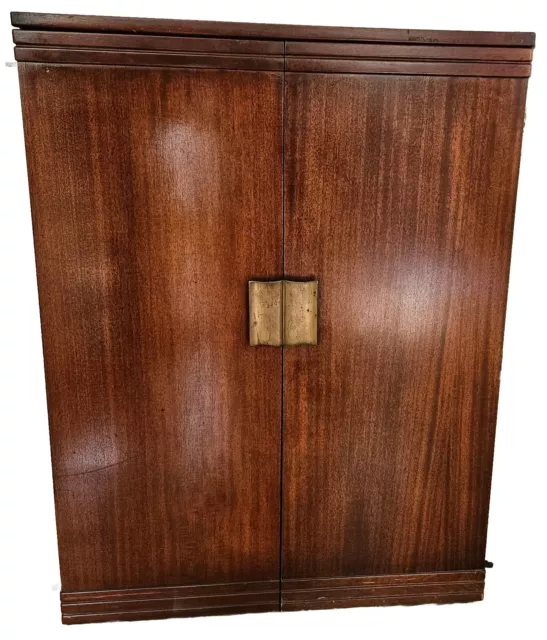 Vintage Mid Century Modern Wood Cabinet with 2 Doors, Shelf, and Brass Hardware.