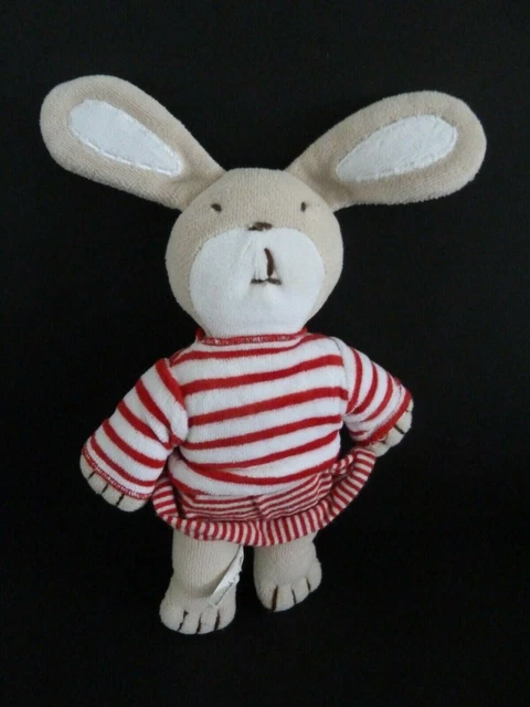 Ni1. DOUDOU SEMI PLAT AUCHAN LAPIN ROUGE RAYE BLANC PULL ROBE 20/24 cm - TBE