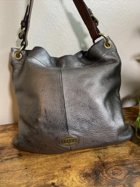 FOSSIL Metallic Silver Pewter Leather EXPLORER HOBO Shoulder Bag Purse