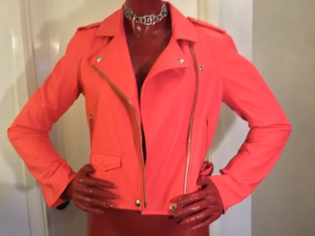 IRO “ASHVILLE” Orange 100% Lamb Leather Moto Jacket Women’s Sz 40 2