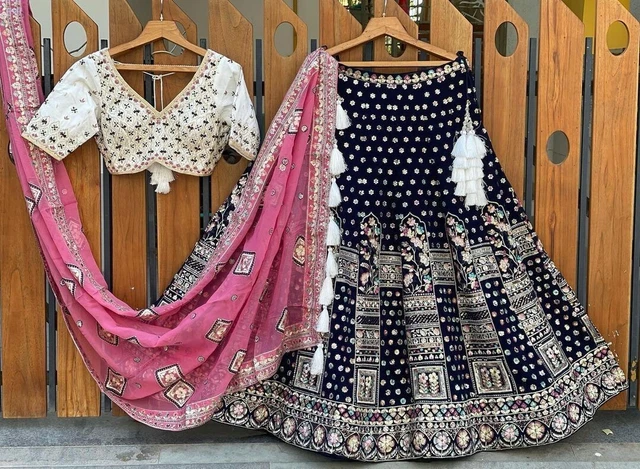 Chinon Silk Lehenga Choli Indian Party Lengha Chunri Saree Thread Embroidery