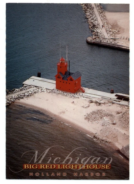 Holland Michigan Harbor Red Lighthouse aerial view unused vintage postcard