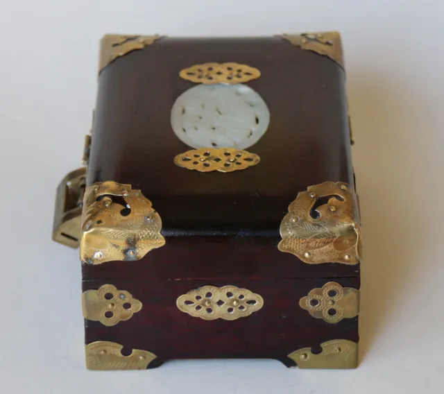 Vintage Chinese Rosewood Jewellery Box w/ Jade on Top and Padlock Mid Century 3