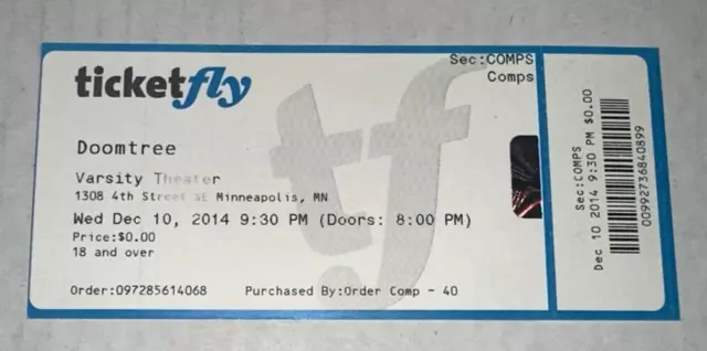 12/10/14 DOOMTREE Concert Varsity Theater Minneapolis FULL Ticketfly Ticket Stub